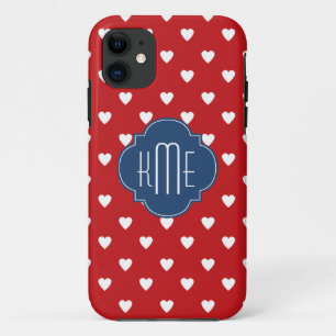 Red Heart Pattern Blue Quatrefoil Monogram iPhone 11 Hoesje