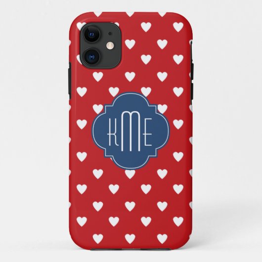 Red Heart Pattern Blue Quatrefoil Monogram Case-Mate iPhone Case (Achterkant)