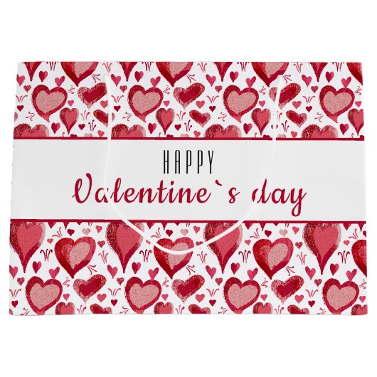 Red Heart Pattern Happy Valentijn Day Groot Cadeauzakje (Voorkant)