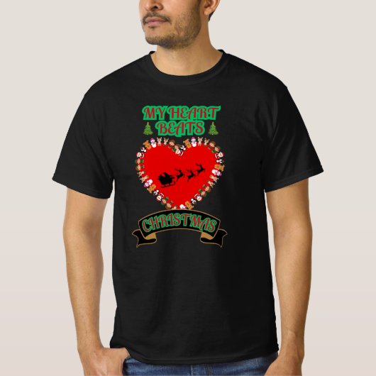 Red Heart Santa Sleigh Rendier Kerstvakantie T-shirt (Voorkant)