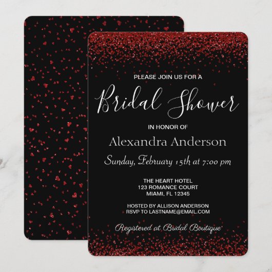 Red Heart Sparkle Glitter Bridal Shower Uitnodigin Kaart (Voorkant / Achterkant)