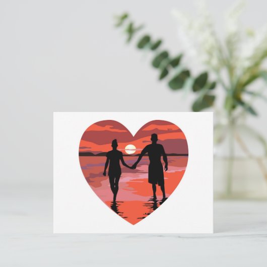 Red Heart Sunset Beach Holding Hands Briefkaart (Staand voorkant)