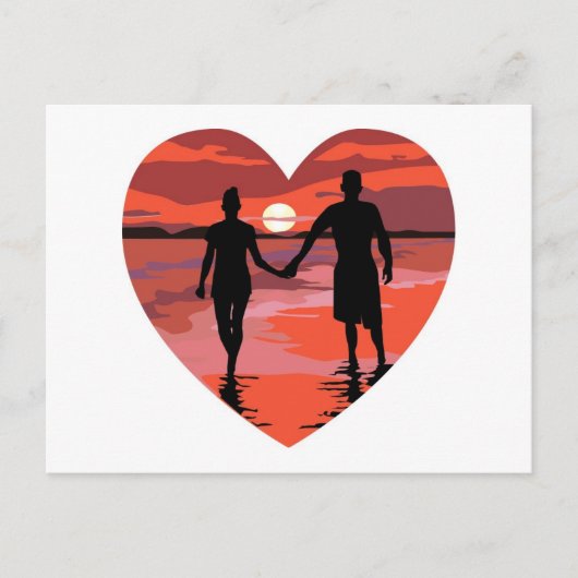 Red Heart Sunset Beach Holding Hands Briefkaart (Voorkant)