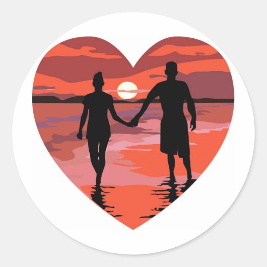 Red Heart Sunset Beach Holding Hands Ronde Sticker (Voorkant)