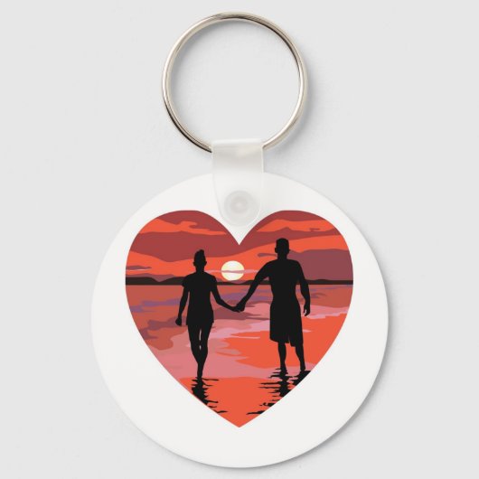 Red Heart Sunset Beach Holding Hands Sleutelhanger (Voorkant)