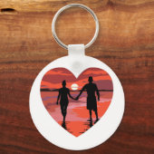 Red Heart Sunset Beach Holding Hands Sleutelhanger (Voorkant)