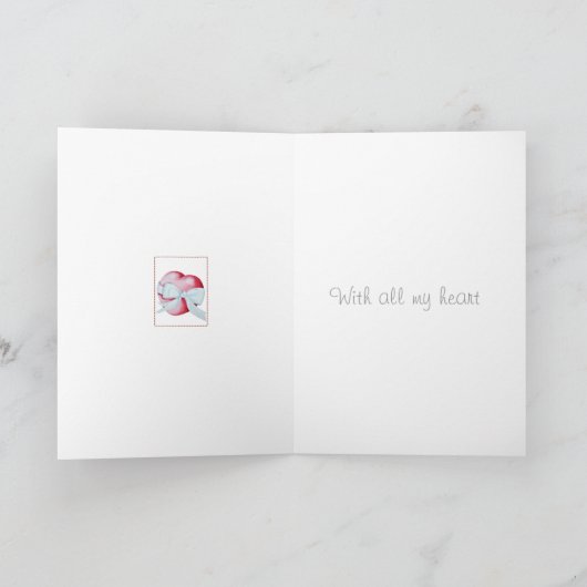 red heart tied with white ribbon bow art romantic kaart (Binnen)