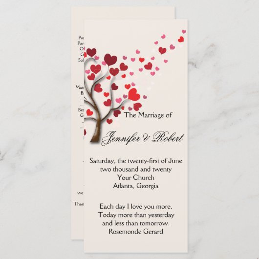 Red Heart Tree op het programma voor het huwelijk  Programmakaart (Voorkant / Achterkant)
