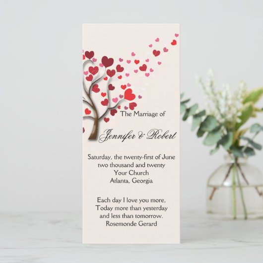 Red Heart Tree op het programma voor het huwelijk  Programmakaart (Staand voorkant)