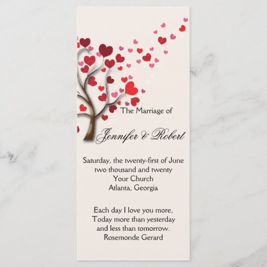 Red Heart Tree op het programma voor het huwelijk Programmakaart (Voorkant)