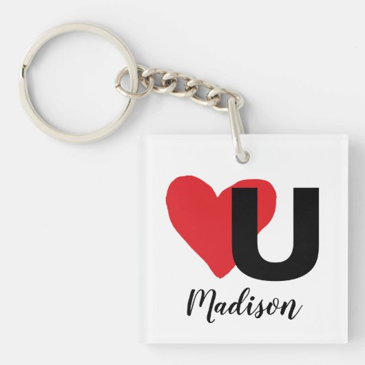 Red Heart U Love Valentijnsdag Black Typography Sleutelhanger (Voorkant)