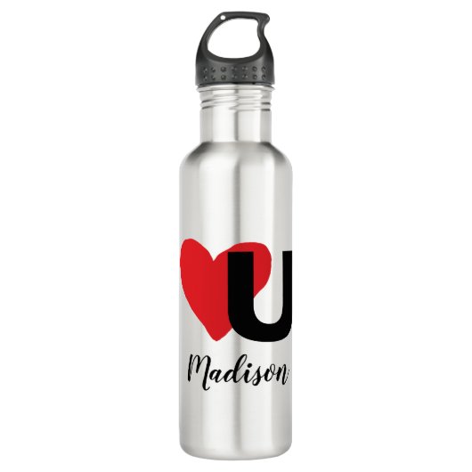 Red Heart U Love Valentijnsdag Monogramme Name Waterfles (Voorkant)