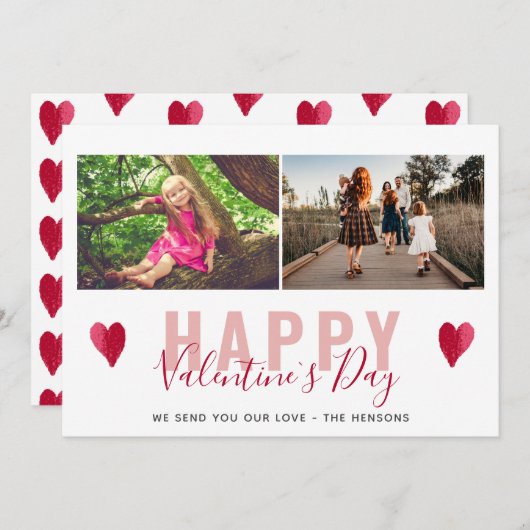 Red Heart Valentijn Day Script Family Photo Feestdagenkaart (Voorkant / Achterkant)