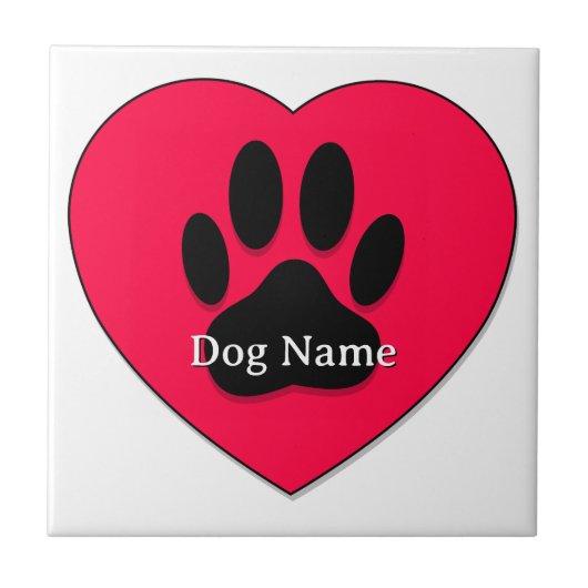 Red Heart With Dog Paw Print Custom Name Tegeltje (Voorkant)