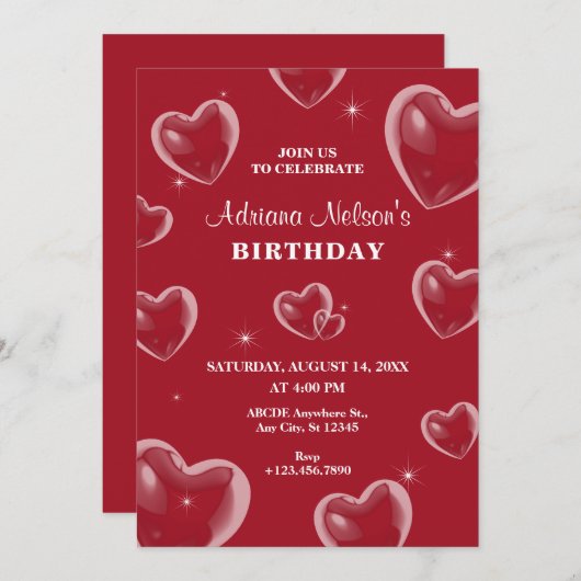Red Hearts bubble verjaardag Uitnodiging (Voorkant / Achterkant)