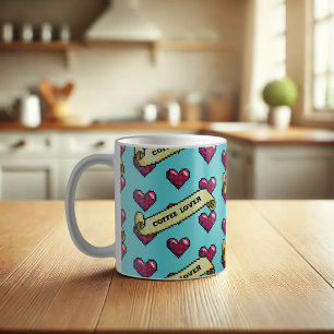 Red Hearts Coffee Lover Retro Pixel Art Pattern Koffiemok