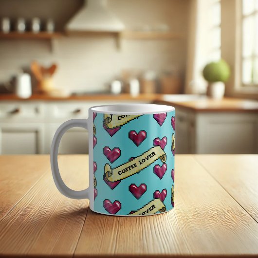 Red Hearts Coffee Lover Retro Pixel Art Pattern Koffiemok
