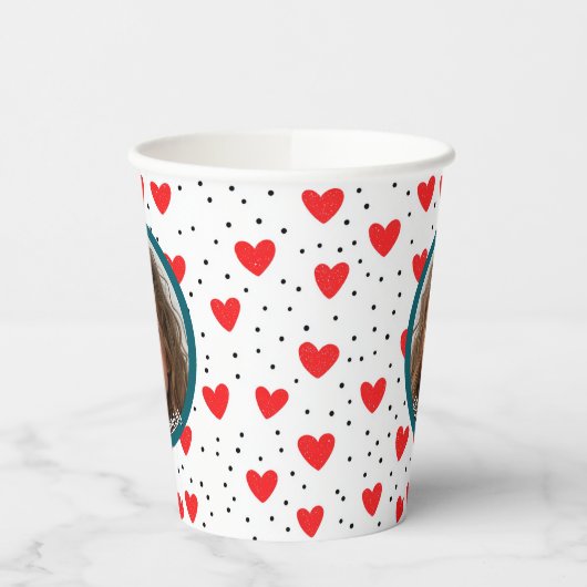 Red Hearts en aangepaste foto en naam Papier Papieren Bekers (Links)