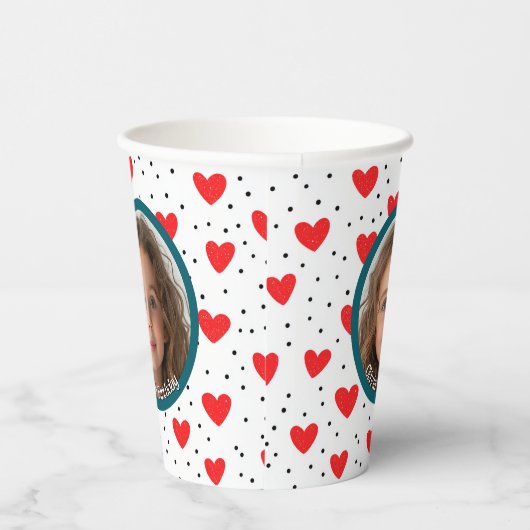 Red Hearts en aangepaste foto en naam Papier Papieren Bekers (Rechts)