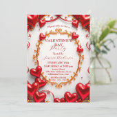 Red Hearts en Golden Swirls Valentijnsdag Party Kaart (Staand voorkant)