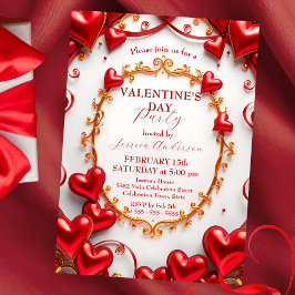 Red Hearts en Golden Swirls Valentijnsdag Party Kaart