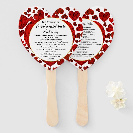 Red Hearts en Rozen Trouwprogramma Elegant Gold Handwaaier (Voorkant en achterkant)