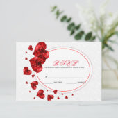 Red Hearts en White Damask RSVP Kaartje (Staand voorkant)