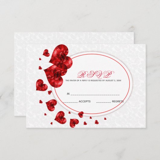 Red Hearts en White Damask RSVP Kaartje (Voorkant / Achterkant)