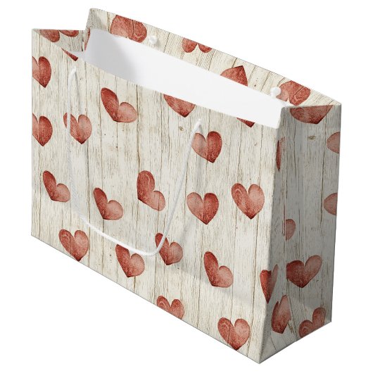 Red Hearts Faux Wood Groot Cadeauzakje (Voorkant Gekanteld)