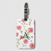 Red Hearts Flowers Monogram Name Bagagelabel (Voorkant (verticaal))