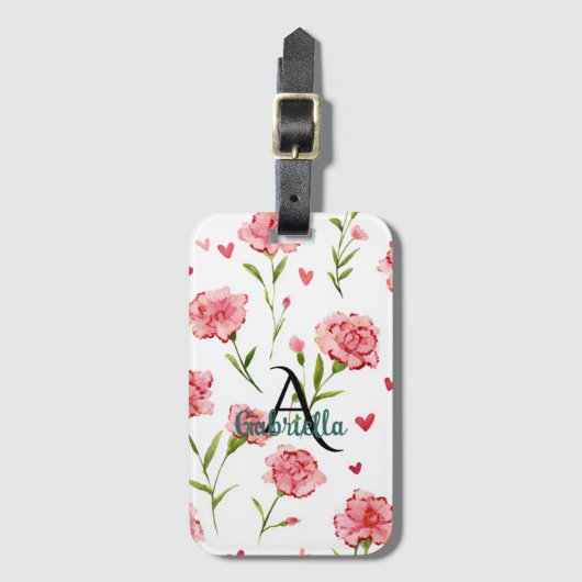 Red Hearts Flowers Monogram Name Bagagelabel (Voorkant (verticaal))