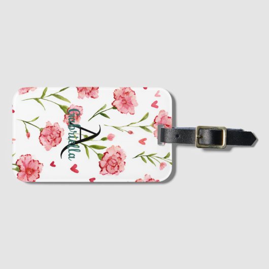 Red Hearts Flowers Monogram Name Bagagelabel (Voorkant (horizontaal))