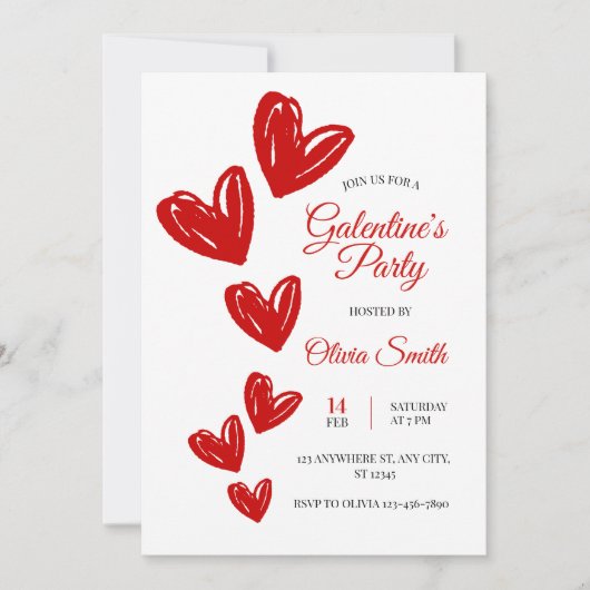 Red hearts galentines party invite , valentines  kaart (Voorkant)