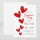 Red hearts galentines party invite , valentines  kaart (Voorkant / Achterkant)