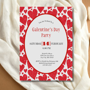 Red Hearts Glitter Sparkle Galentine's Day Party Kaart