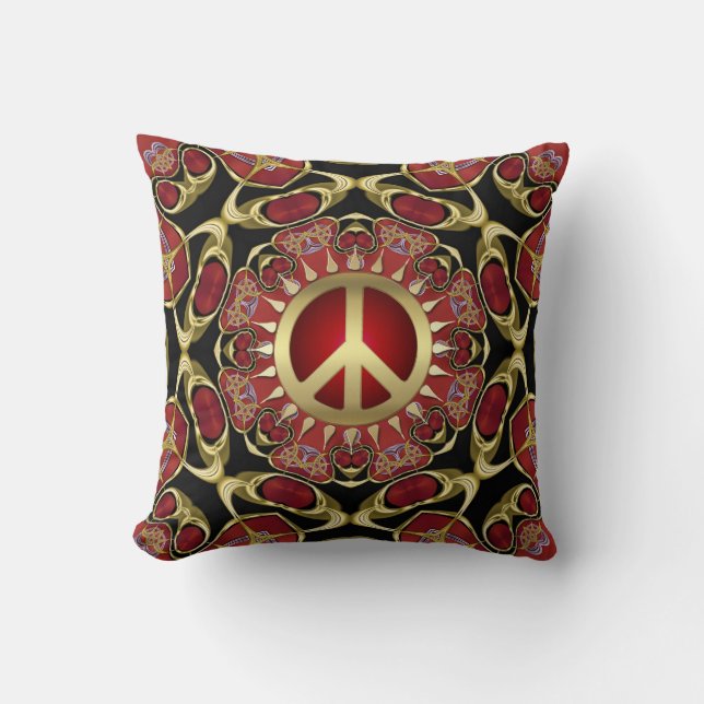 Red Hearts Gold Peace Power Love Cushion Kussen (Front)