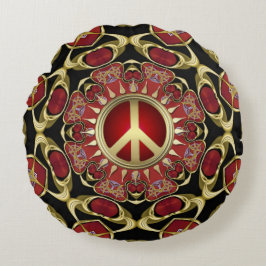 Red Hearts Gold Peace Power Love Round Pillow Rond Kussen