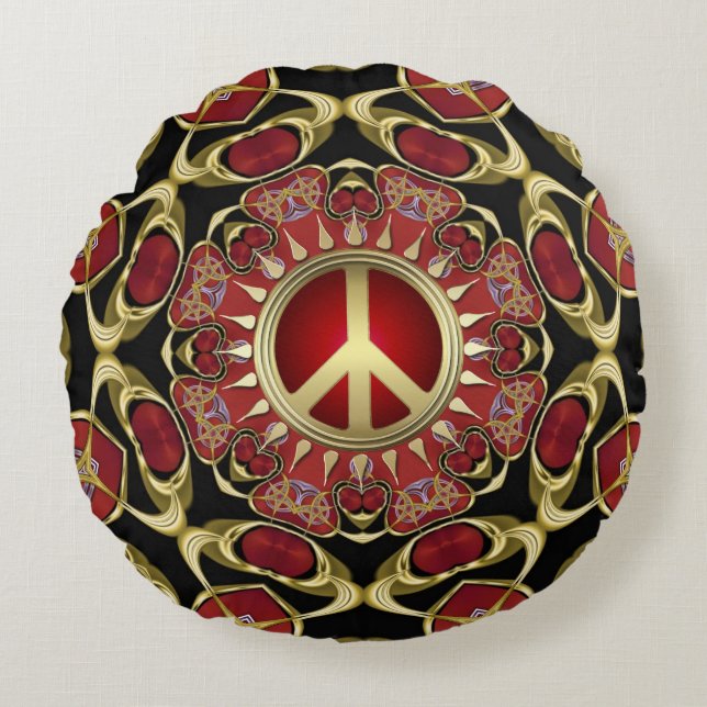 Red Hearts Gold Peace Power Love Round Pillow Rond Kussen (Voorkant)