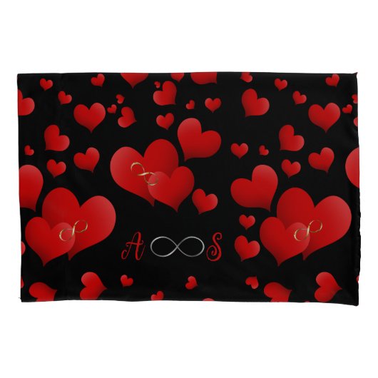 Red Hearts Infinity Initialen Monogram op zwart | Kussensloop (Voorkant-Links)