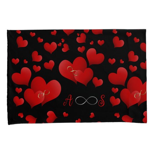 Red Hearts Infinity Initialen Monogram op zwart | Kussensloop (Voorkant-Rechts)