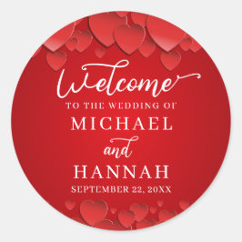 Red Hearts Modern Elegant Wedding Welkom Ronde Sticker