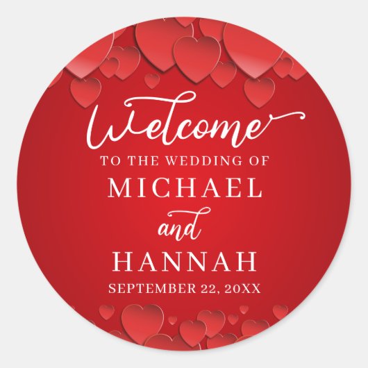 Red Hearts Modern Elegant Wedding Welkom Ronde Sticker (Voorkant)