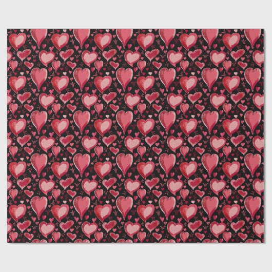 Red Hearts Pattern Drawing Black Valentijn Day Cadeaupapier (Vlak)