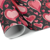 Red Hearts Pattern Drawing Black Valentijn Day Cadeaupapier (Rol Hoek)