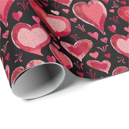 Red Hearts Pattern Drawing Black Valentijn Day Cadeaupapier (Rol Hoek)