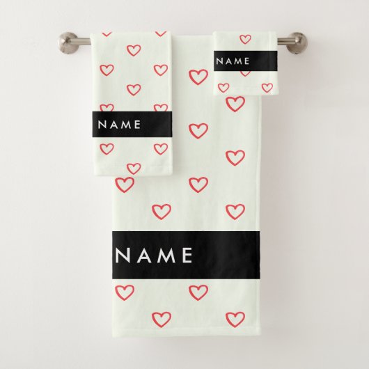 Red Hearts Pattern, Liefde, Jouw naam, Personalise Bad Handdoek (Insitu)