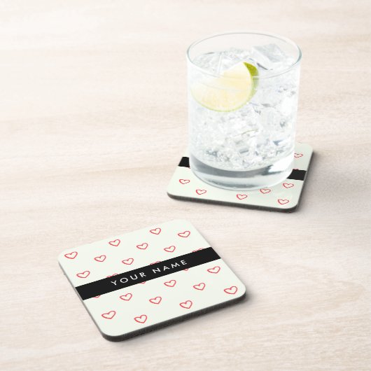 Red Hearts Pattern, Liefde, Jouw naam, Personalise Bier Onderzetter (Rechterzijde)