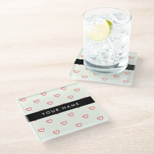 Red Hearts Pattern, Liefde, Jouw naam, Personalise Glazen Onderzetter