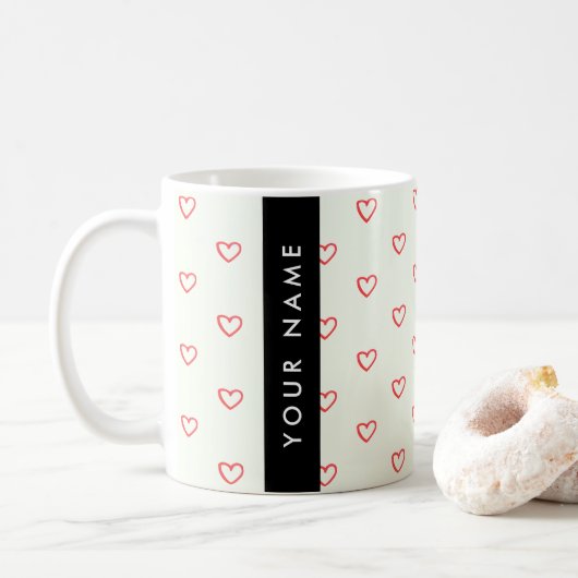 Red Hearts Pattern, Liefde, Jouw naam, Personalise Koffiemok (Met donut)
