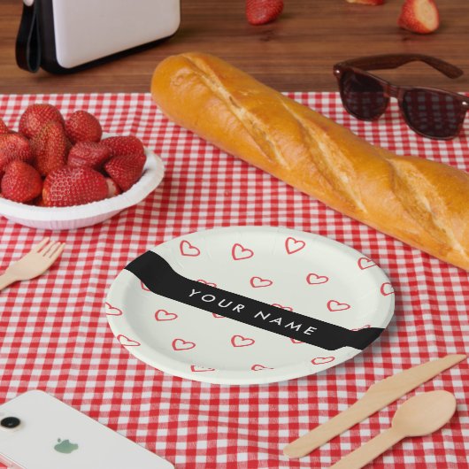 Red Hearts Pattern, Liefde, Jouw naam, Personalise Papieren Bordje (Picknick)